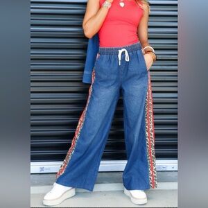 NWT JODIFL Blue Flare Jeans with Red Accents